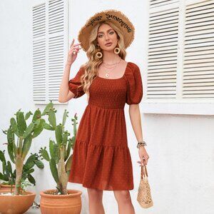 Swiss Dot Smocked Square Neck Dress